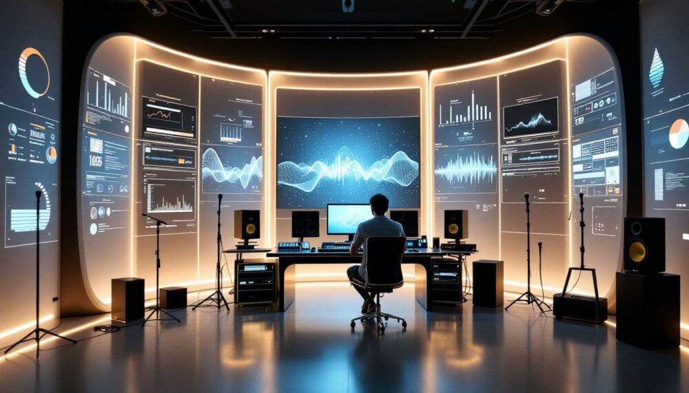 Futuristic immersive audio studio with curved waveform displays and spatial sound engineering workstation