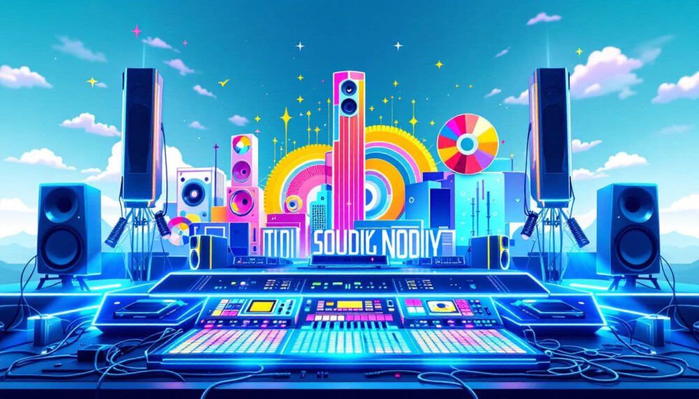 Colorful cartoon illustration of music production setup with synthesizers studio monitors and audio equipment for online sound course