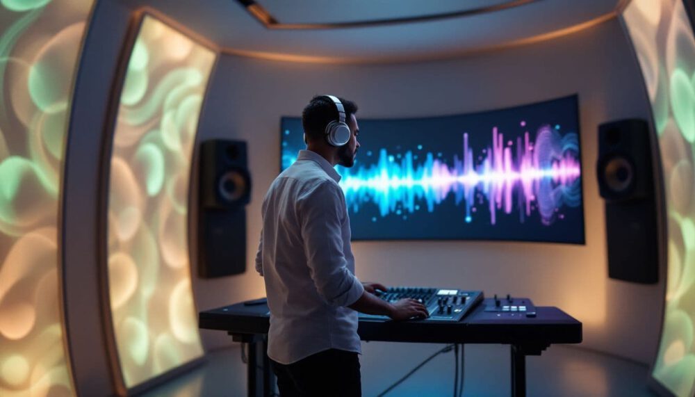 Person wearing headphones and mixing music