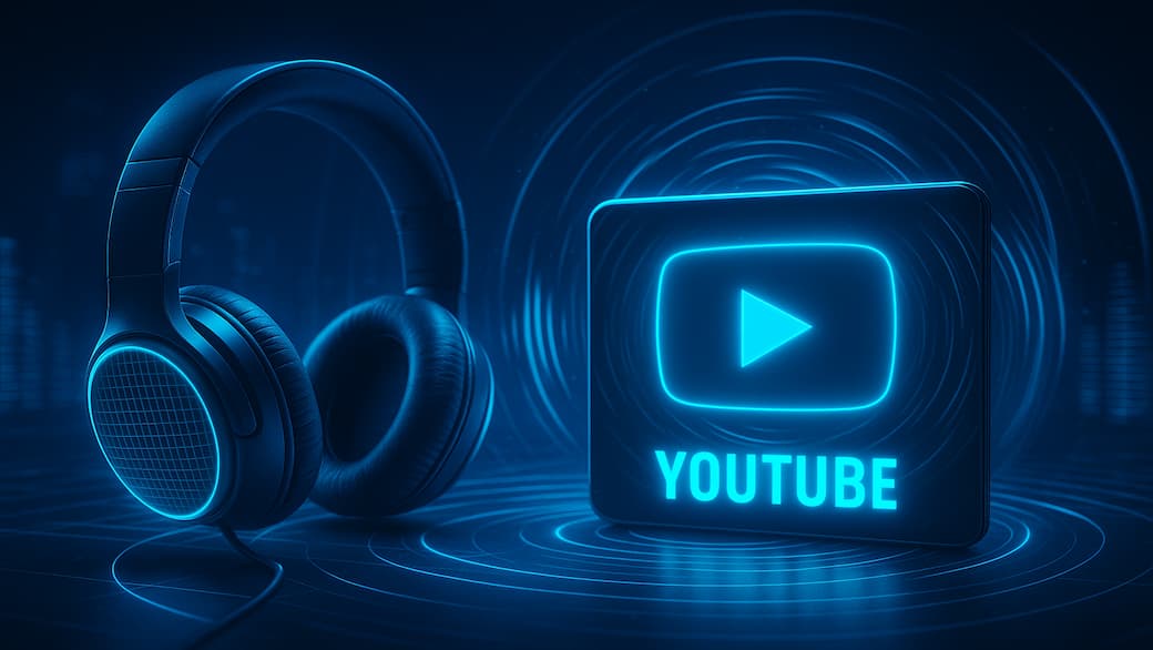 Symbolisches Bild mit Kopfhörer und YouTube-Logo – steht für immersives 3D-Audio-Erlebnis im Eclipsa-Universum.