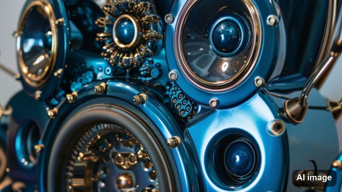 Nahaufnahme mehrerer blau-goldener Lautsprecherchassis, ineinander verschachtelt