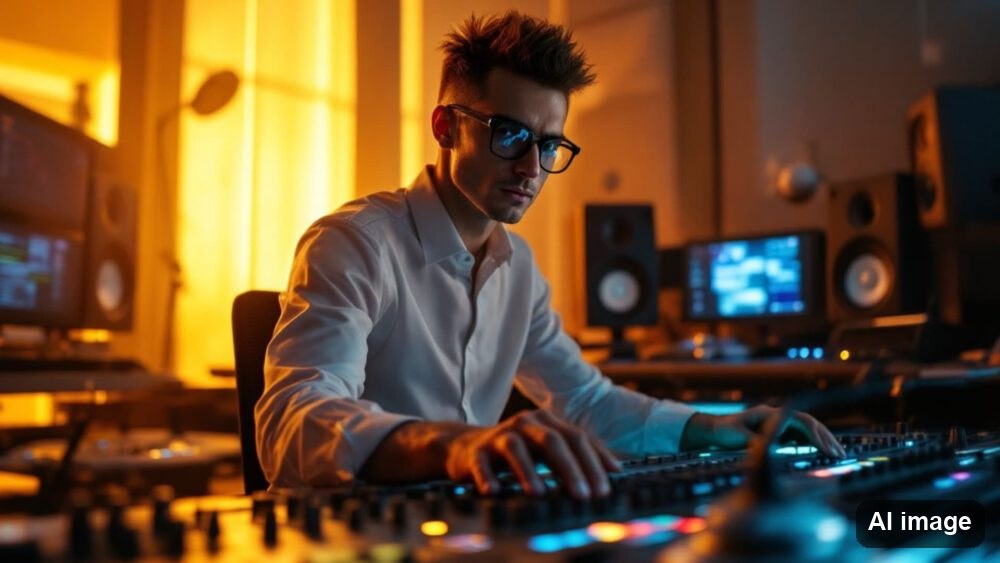 Produzent mit Brille am Mischpult in einem warm beleuchteten Studio