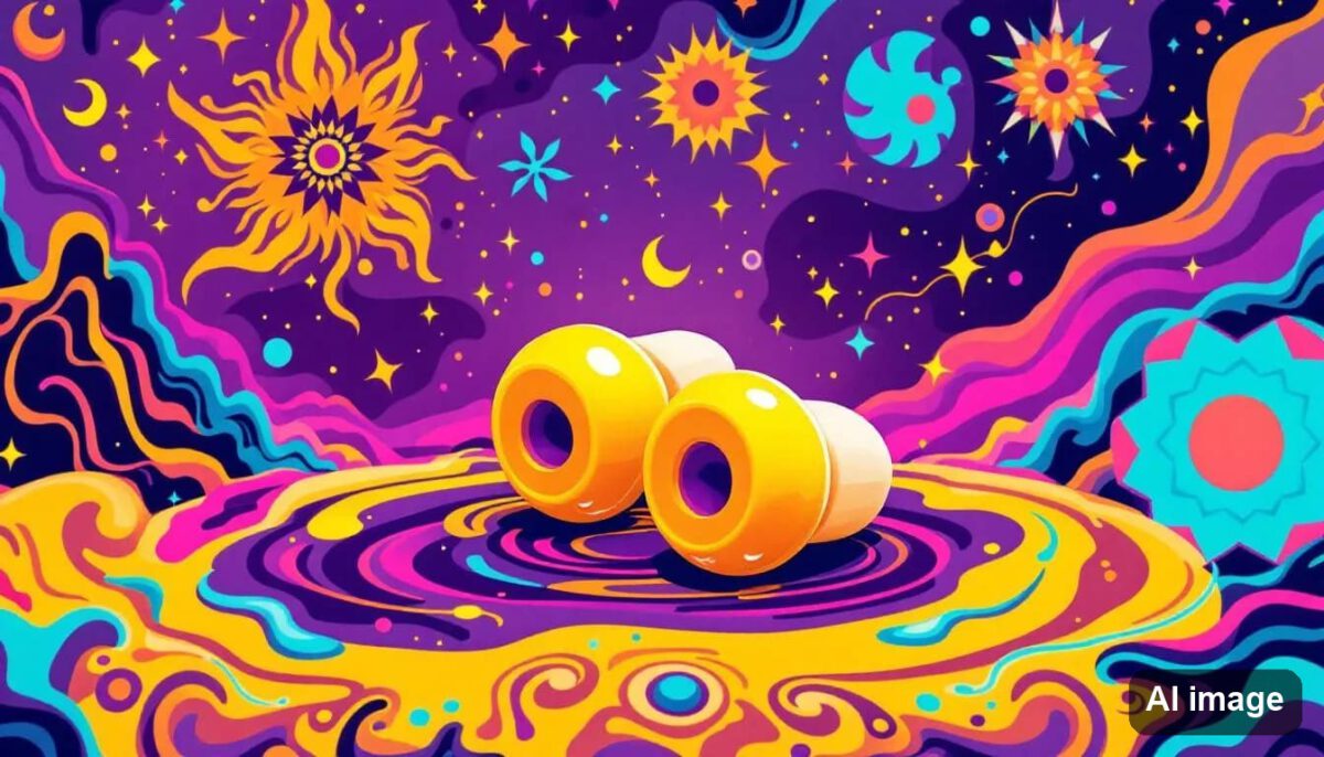 Psychedelische Illustration mit zwei gelben Ohrstöpseln vor bunten Wirbeln, Sonne und Sternen