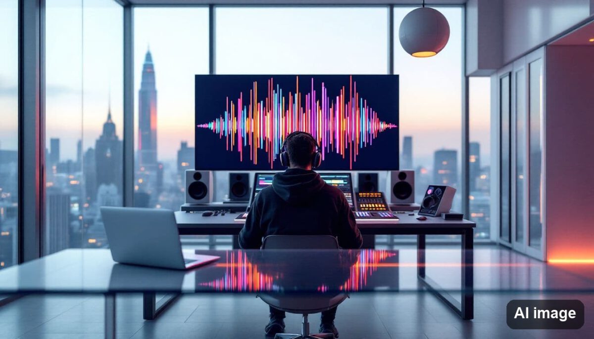 Person sitzt in einem Studio mit Panoramafenster vor einem großen Bildschirm mit bunter Wellenform