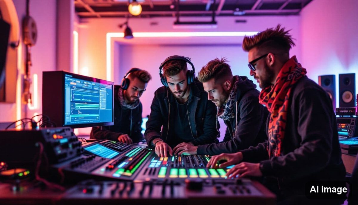 Vier Personen arbeiten gemeinsam an einem Controller im neonbeleuchteten Studio