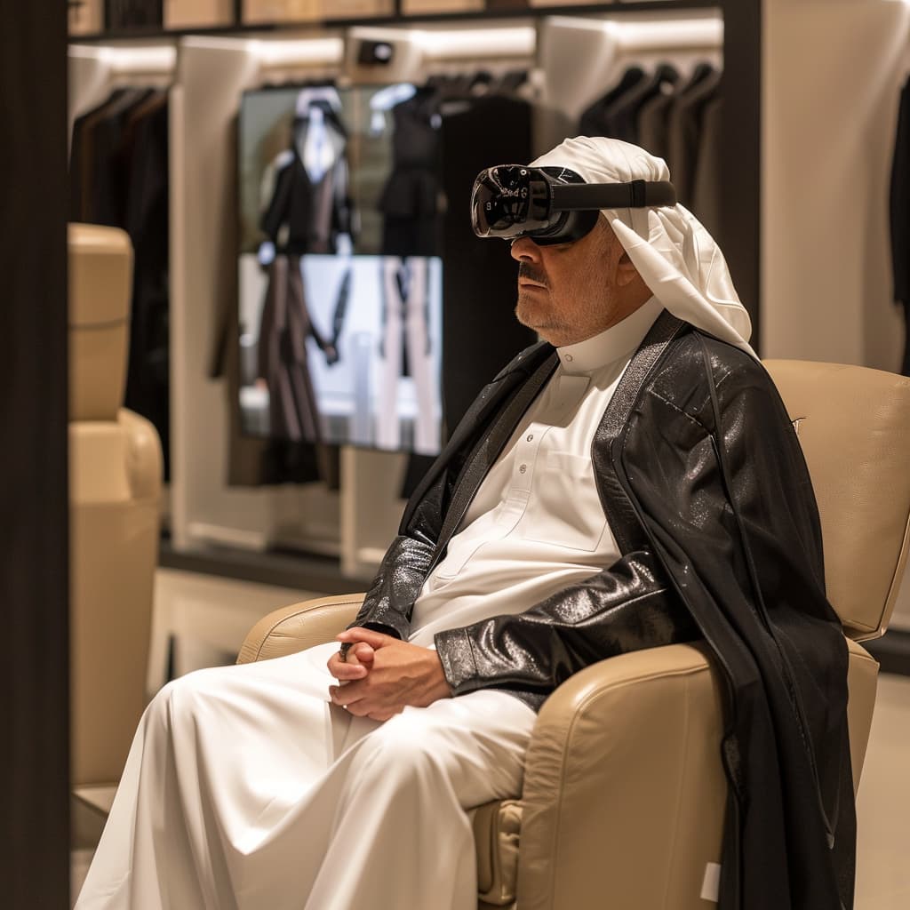 Man in traditional Saudi attire experiencing spatial audio with VR headset in luxury retail environment