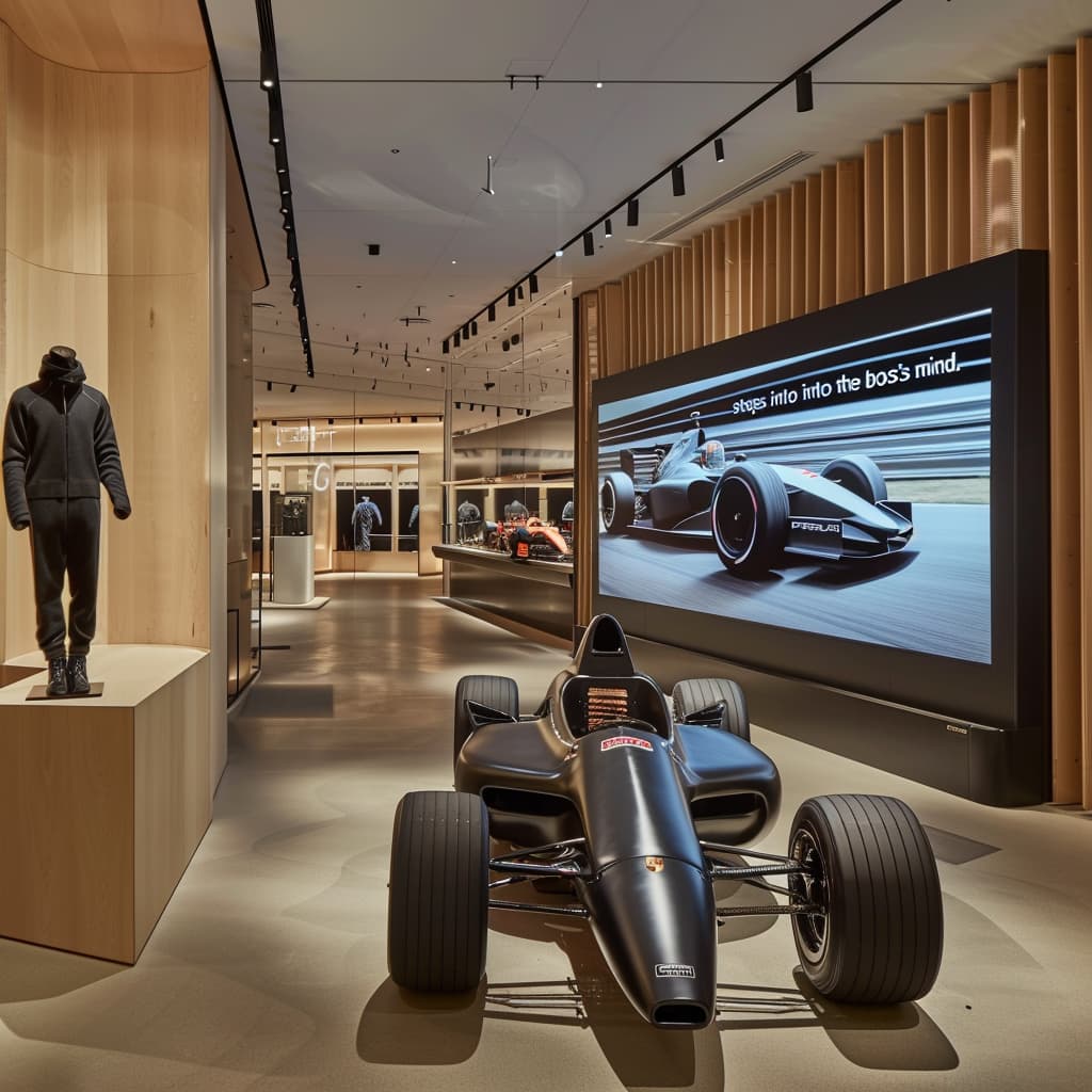 Minimalist Boss flagship store with F1 race car and immersive audio-visual brand display