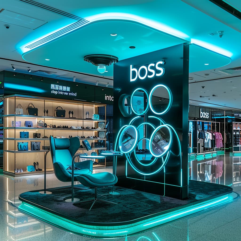 Hugo Boss immersive brand experience store with futuristic 3D audio display rings and spatial sound installation