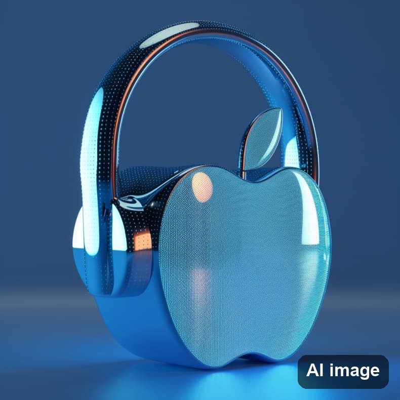 Blaue Kopfhörer, deren Ohrmuschel als Apple-Logo geformt ist