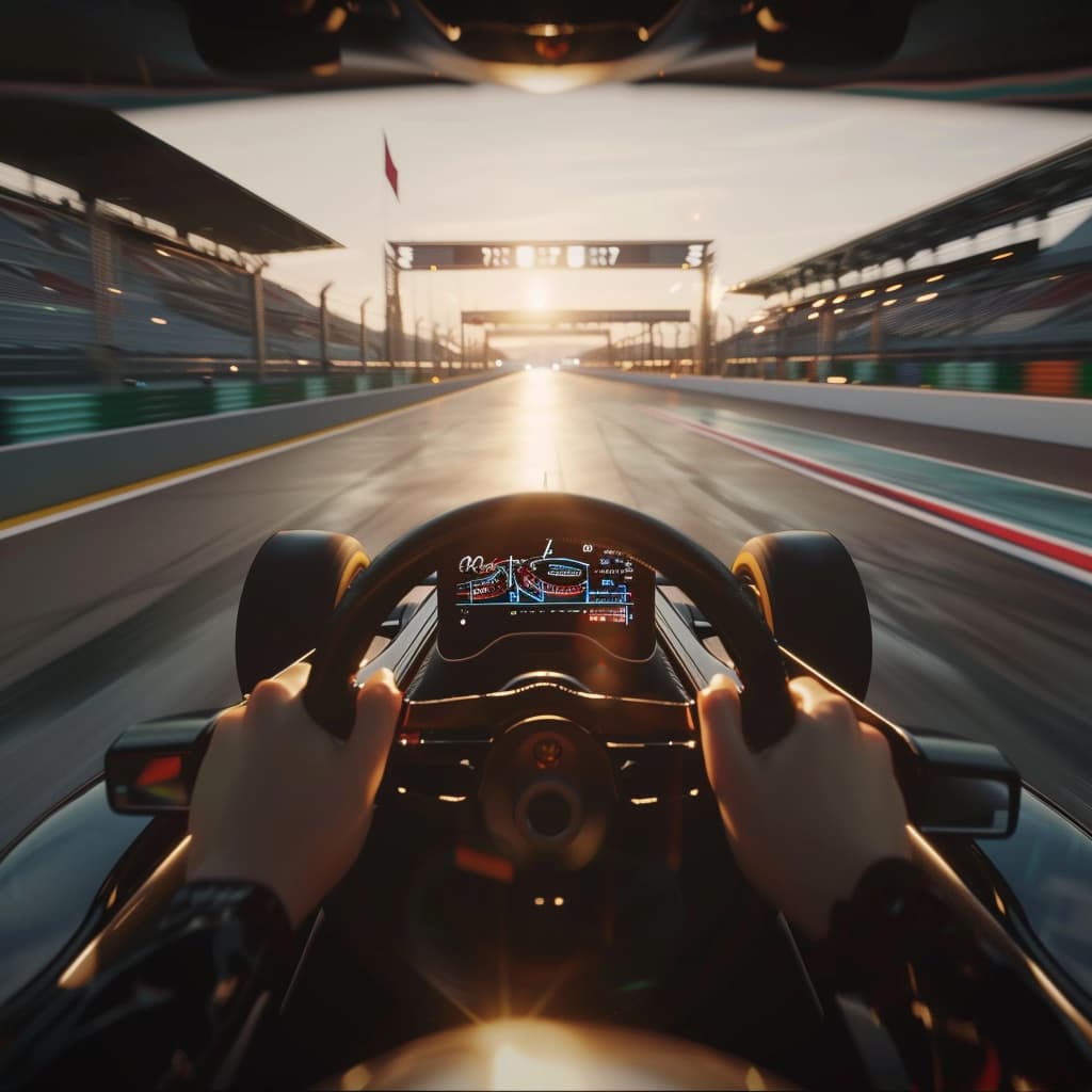 First-person view inside F1 cockpit accelerating on race track with immersive spatial audio