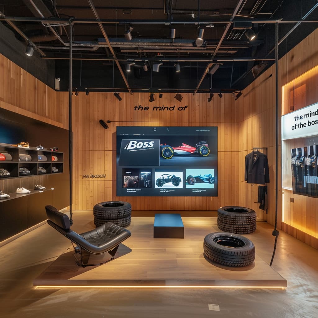 Hugo Boss high-tech retail store with immersive 3D audio display and Aston Martin F1 experience