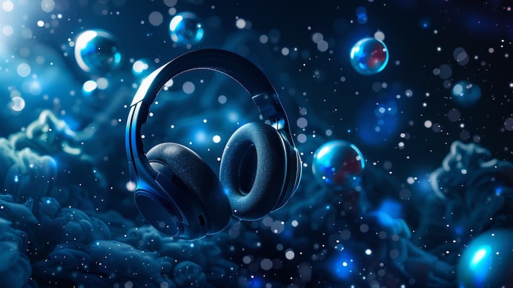 Kopfhörer mit leuchtenden Partikeln im Hintergrund