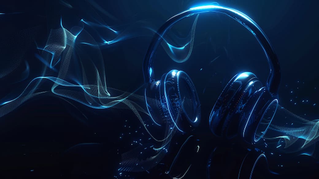 Kopfhörer in dunkler Atmosphäre mit Lichtlinien