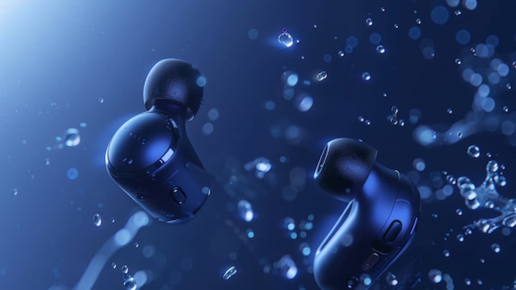 Schwebende Earbuds als Technologie-Konzept