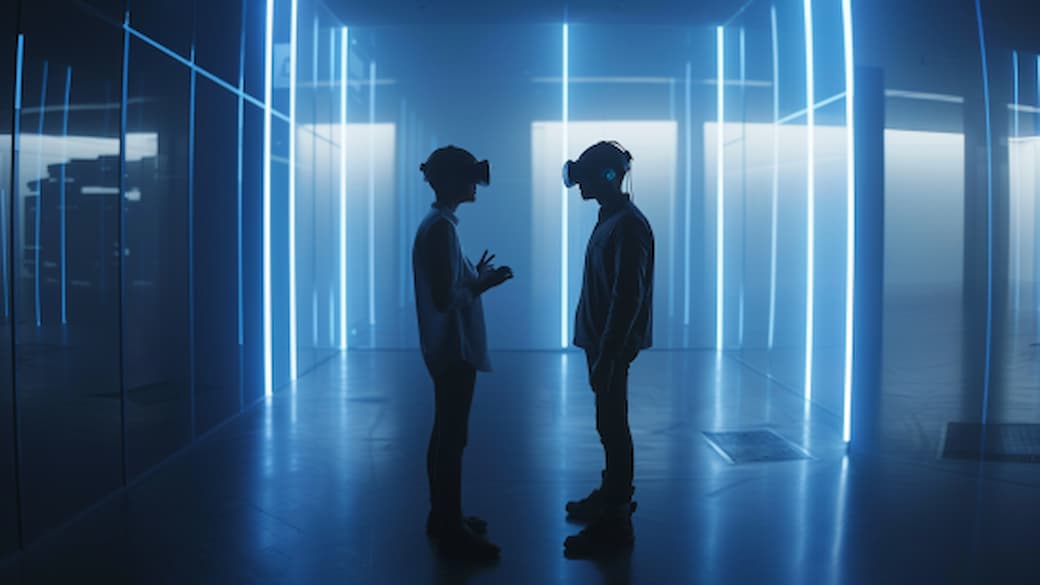 Zwei Personen in minimalistischem Neonraum