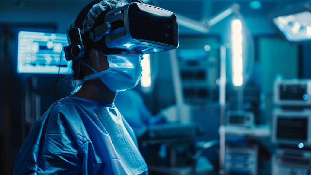 Arzt mit VR-Headset in klinischem Tech-Setting