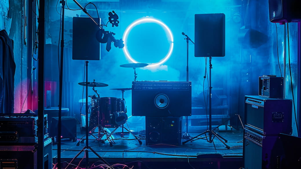 Studio-Set mit Mikrofon und Neon-Kreislicht