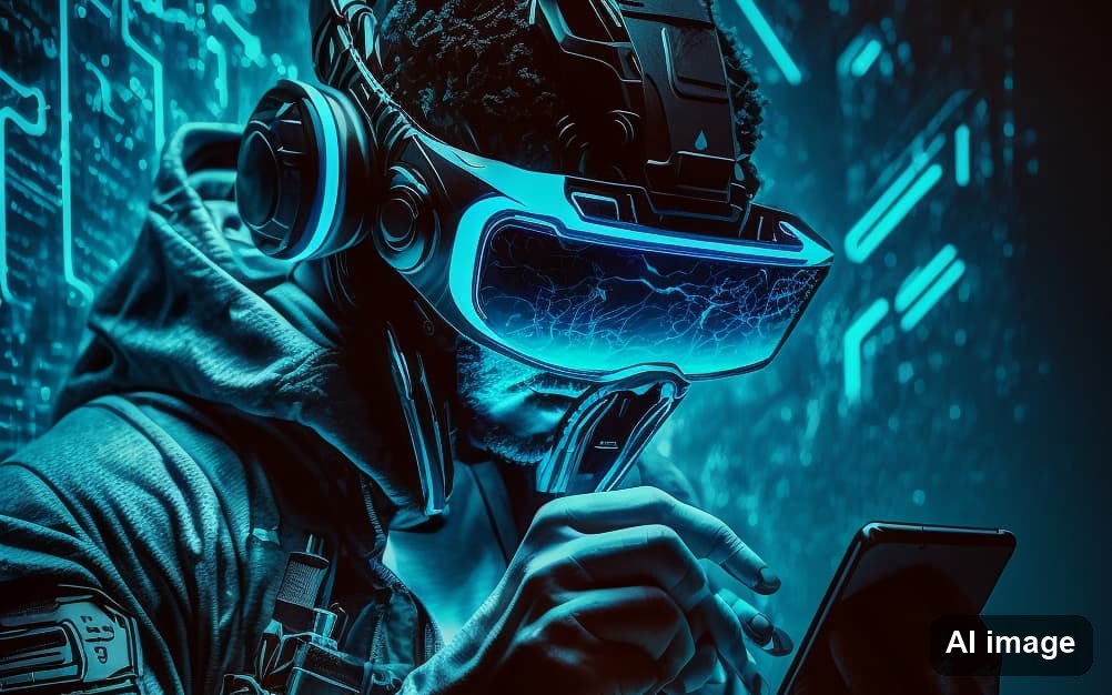 Person mit futuristischer AR-Brille bedient ein Tablet vor türkisen Datenmustern