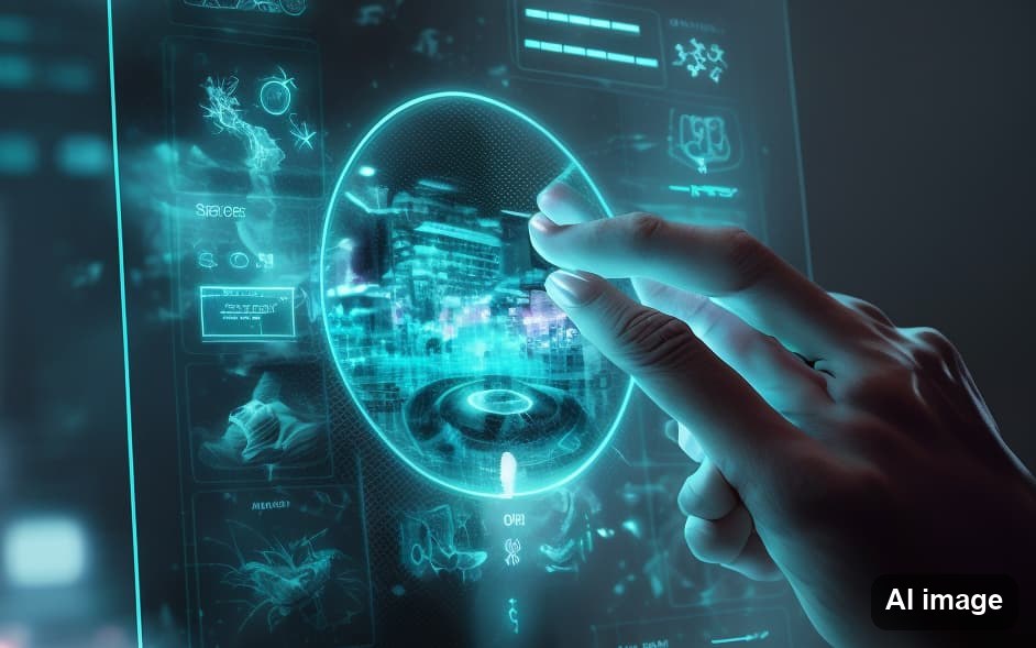 Hand berührt ein schwebendes, türkis leuchtendes Bedien-Interface