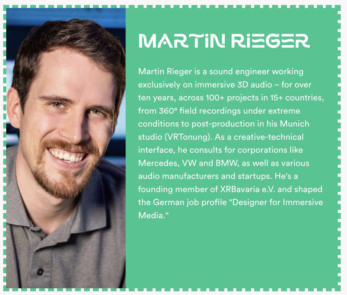 Speaker-Card von Martin Rieger für die RAUM+KLANG 2026, mit Porträt und Kurzbio auf dem Konferenzgrün