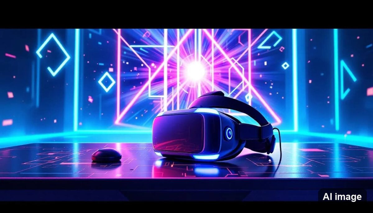 Ein Beispiel für ein VR Konzert mit einer VR Brille auf einem Tisch.