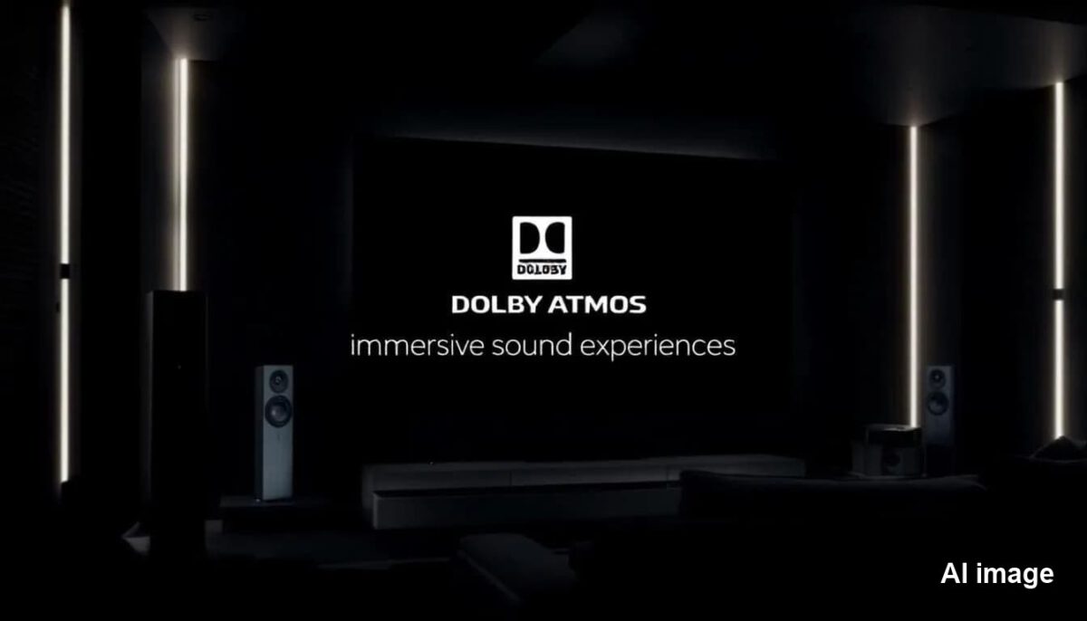 Ein Bild von einem Heimkino mit Dolby Atmos Lautsprechern, das zeigt, warum man Dolby Atmos testen sollte.