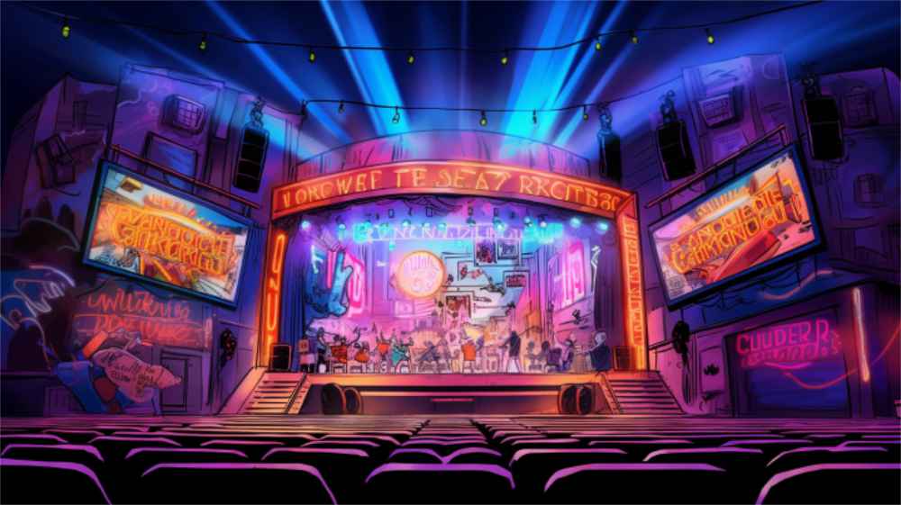 Eine leere Konzerthalle, da ein Online Konzert übertragen wird.