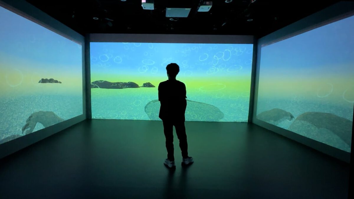 Visitor standing in the immersive projection room of Atmos Sphaerae by Tamiko Thiel