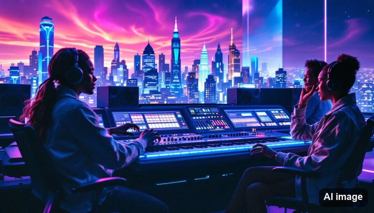 People at a mixing console in front of a window with a futuristic city skyline