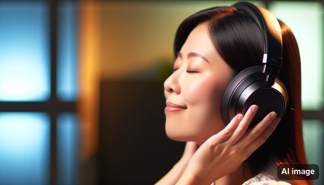 Woman with closed eyes reaching for her over-ear headphones