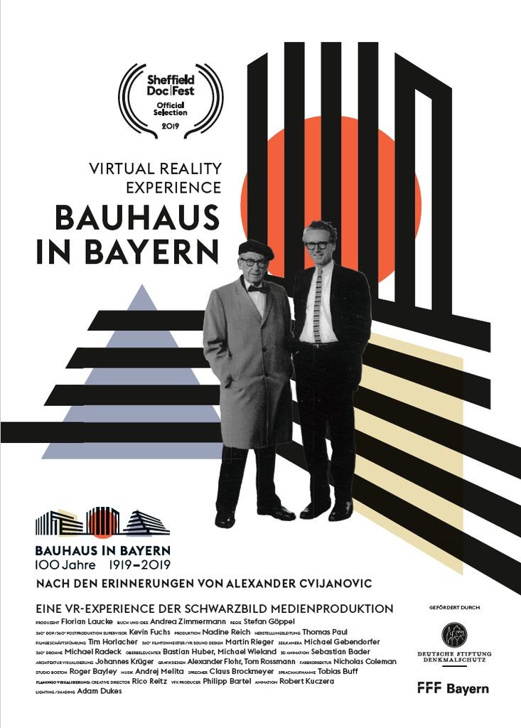 Filmplakat der VR-Experience Bauhaus in Bayern mit Walter Gropius und Philip Rosenthal, Sheffield-Doc-Fest-Lorbeer und Credits