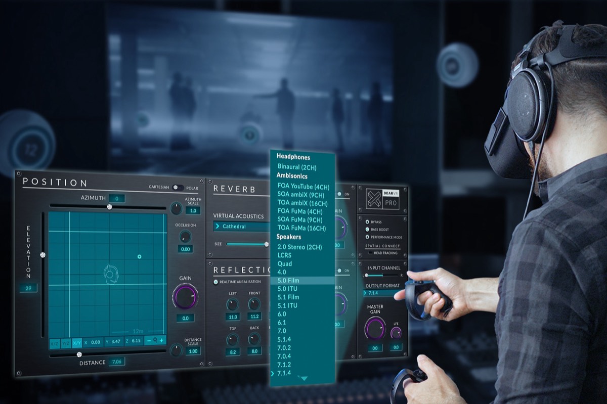 Spatial-Audio-Plugin am Bildschirm waehrend einer Mischung mit Kopfhoerern