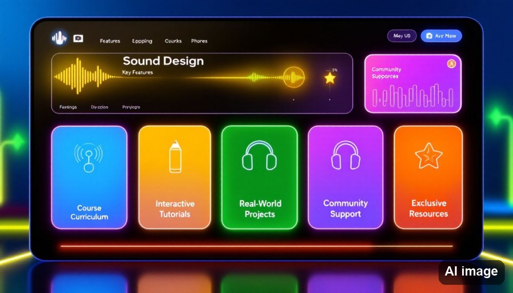Oberfläche einer Sound-Design-Kursplattform mit farbigen Kacheln und Wellenform