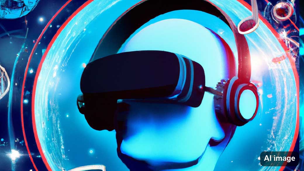 Kopf mit VR-Brille und Kopfhörern vor einem blau-roten Lichtkreis