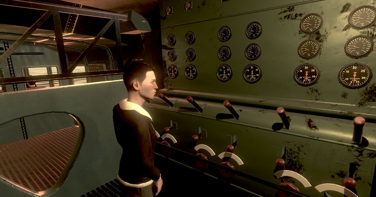 Instrumentenwand mit Rundanzeigen und Hebeln im Maschinenraum der Do X, Szene aus dem VR-Prototyp