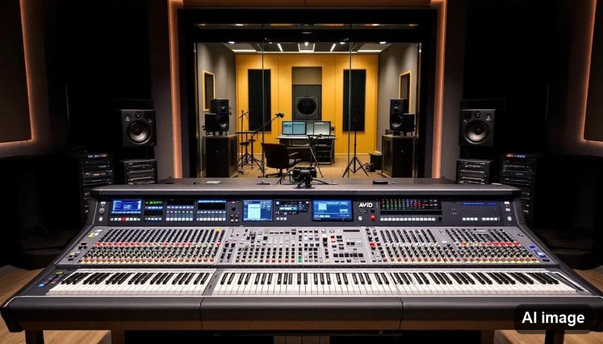 The image depicts a professional studio control room featuring an AVID mixing console, surrounded by high-quality speakers and audio gear, creating an environment where musicians and producers can mix and engineer sounds with precision. The scene captures the essence of a creative space designed for recording and music production, showcasing the tools and systems essential for achieving exceptional audio performances.