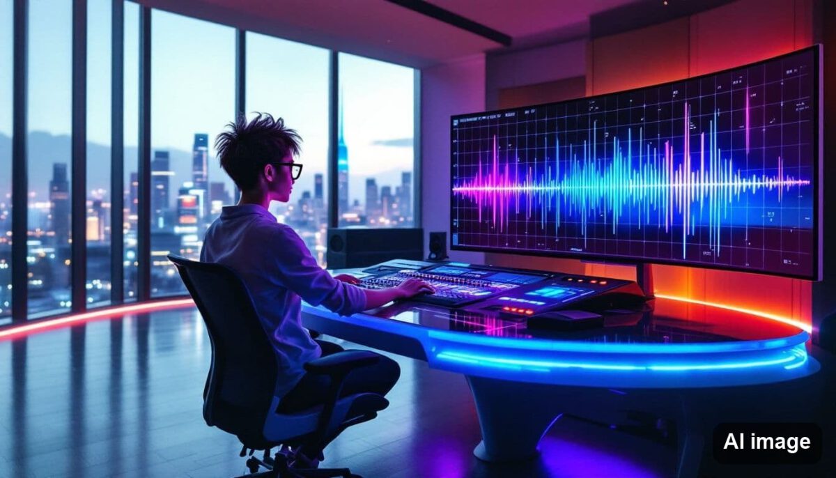A sound engineer mixing audio tracks in a professional studio environment.