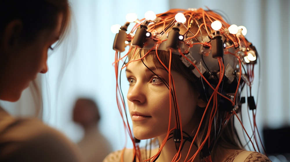A researcher trying to find changes in brain waves after binaural beat stimulation.