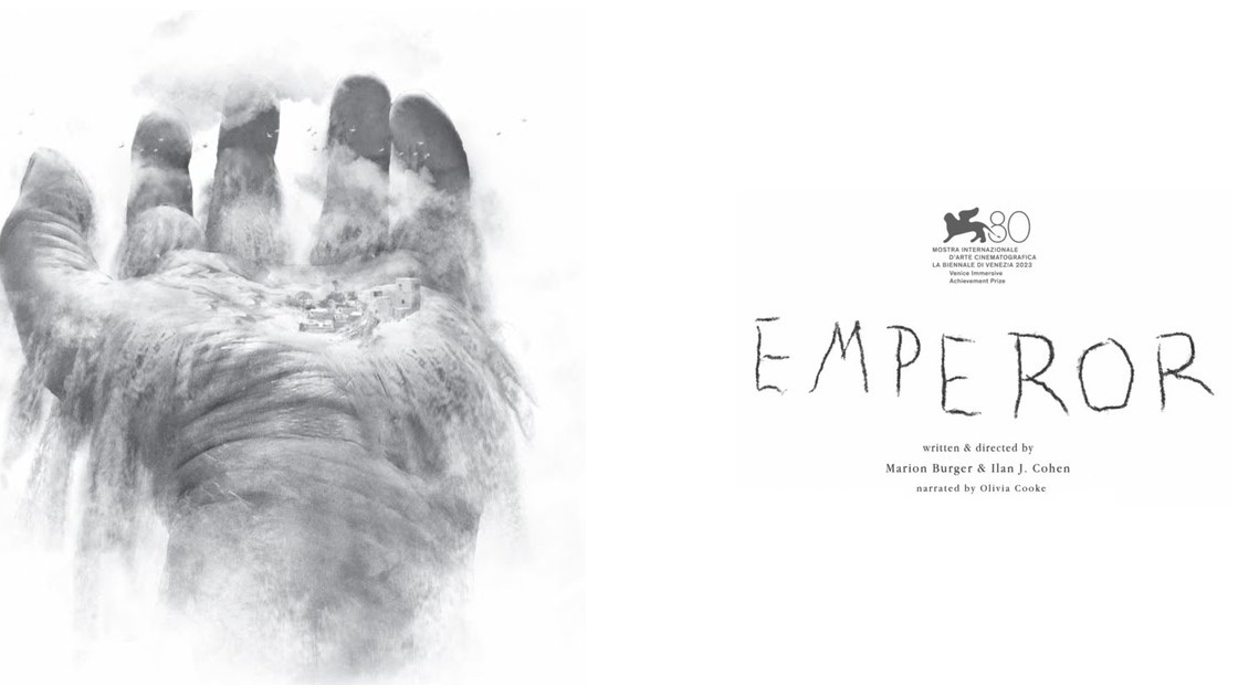 Key art of the VR experience Emperor: a dissolving hand on the left, the EMPEROR lettering and the Venice Immersive logo on the right