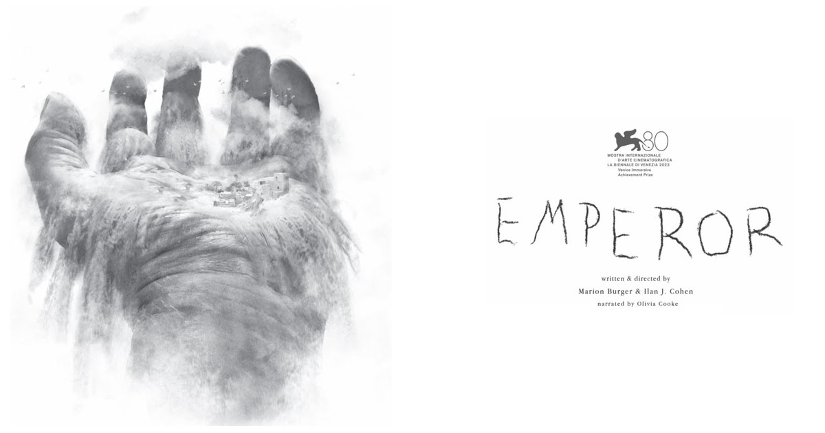 Keyart der VR-Experience Emperor: aufgeloeste Hand links, EMPEROR-Schriftzug und Venice-Immersive-Logo rechts