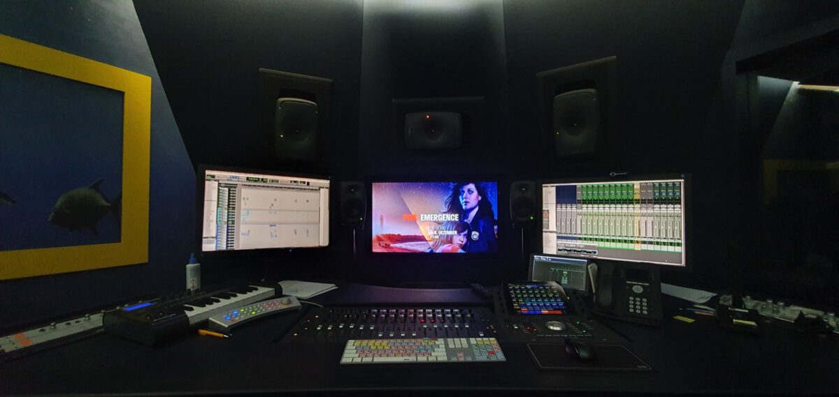 Dolby Atmos mixing room with monitor speakers, HUB Montreal