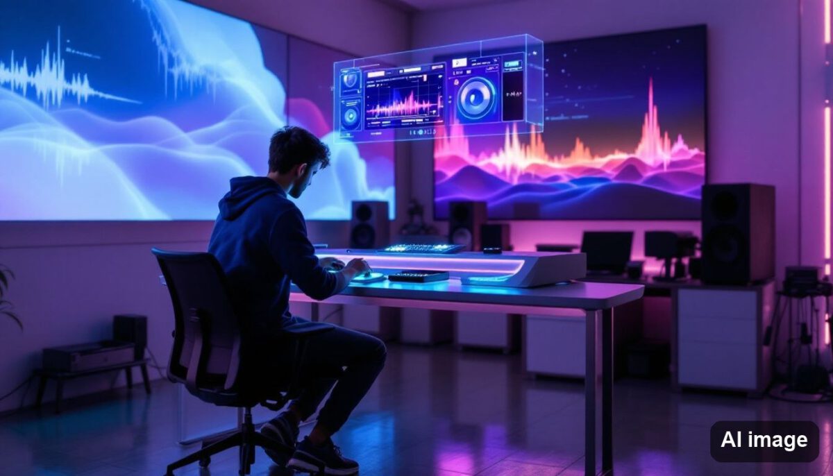 Person arbeitet am Abschlussprojekt eines Sounddesign-Kurses
