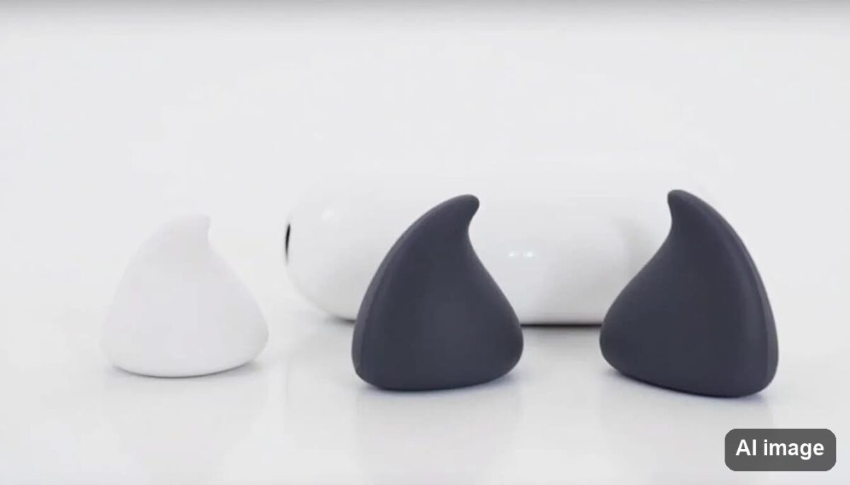 Nahaufnahme von AirPods Pro, die zusammen mit verschiedenen Ohrpolster-Größen präsentiert werden, um die Anpassungsfähigkeit und den Komfort der Kopfhörer zu verdeutlichen. Diese In-Ear-Kopfhörer bieten personalisiertes 3D Audio und Geräuschunterdrückung für ein optimales Hörerlebnis.