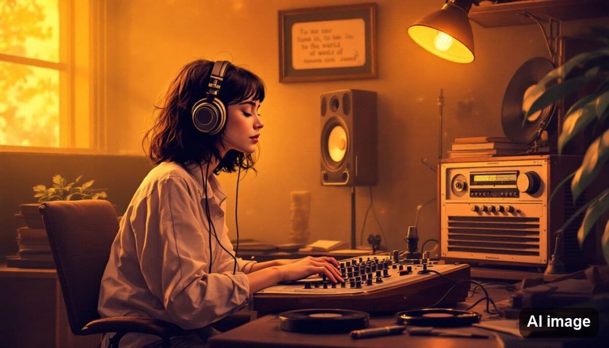 A person taking an online audio production course.