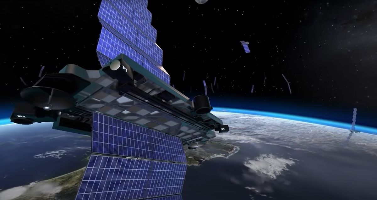 Satellit mit Solarpaneelen im niedrigen Erdorbit, Szene aus der VR-Experience