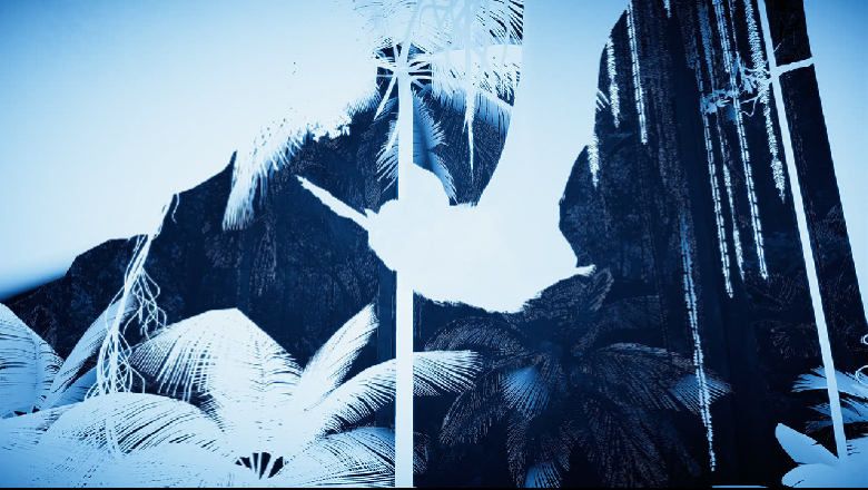 Visualisierung der Echoortung einer Fledermaus in Blautoenen, Szene aus der VR-Experience Inside Tumucumaque