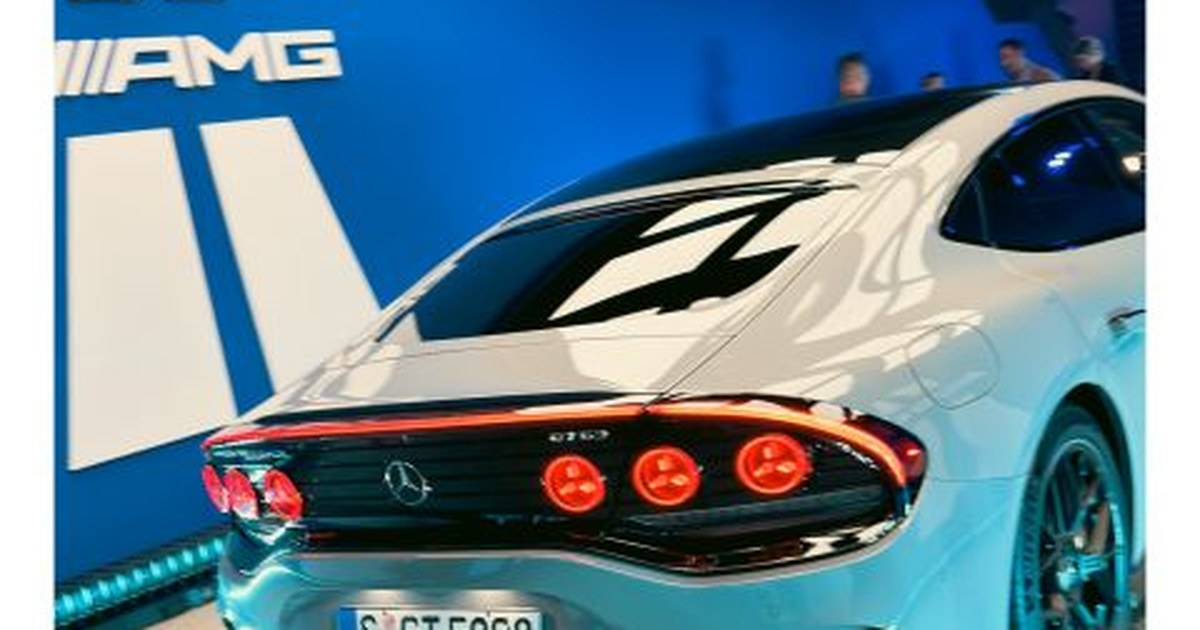 Rear of the Mercedes-AMG GT at its world premiere in front of the AMG backdrop