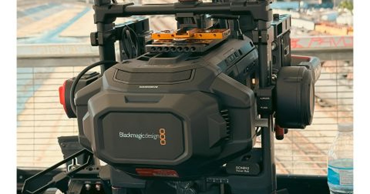 Close-up of a Blackmagic Design camera on a rig during an outdoor shoot