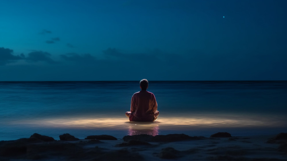 Someone meditates and relaxes at a beach.