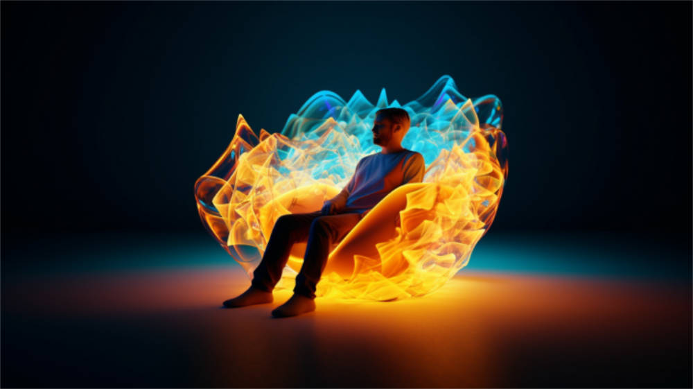 Jemand sitzt in einem leeren Raum, umgeben von Schallwellen.